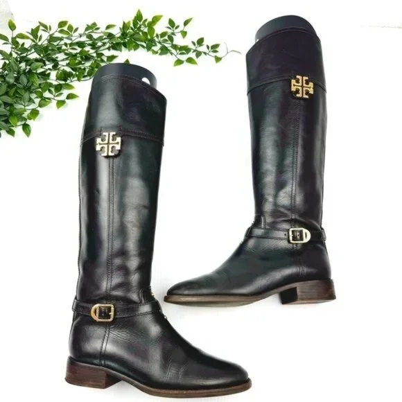 Tory Burch The Eloise Tall logo Riding Boot Leather Deep Brown w Gold details 7 - Picture 11 of 11